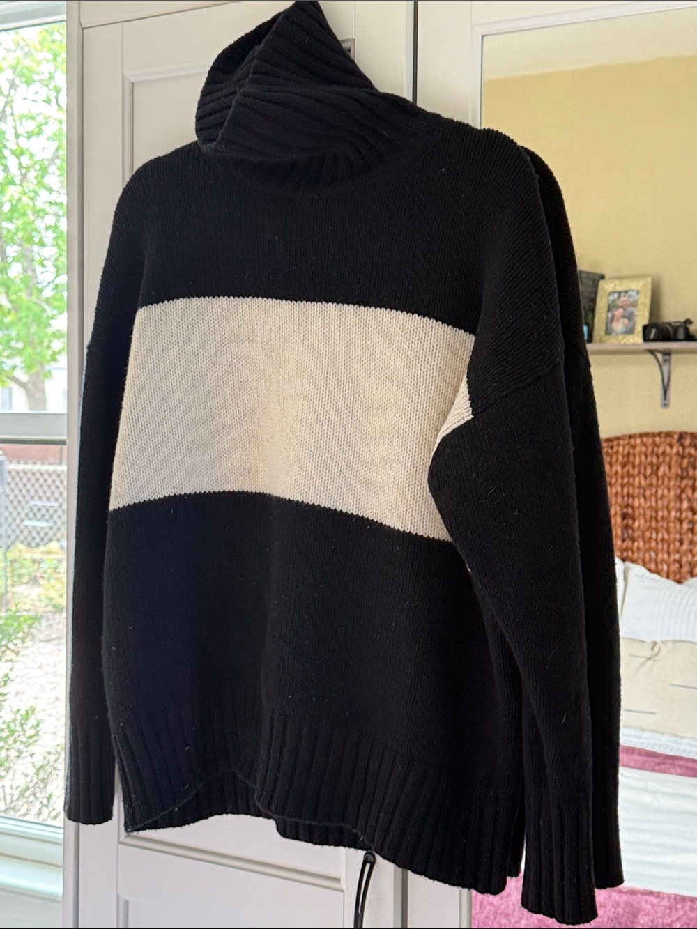 100% Merino Wool Polo by Ralph Lauren Black and Cream Turtleneck Stripe Sweater